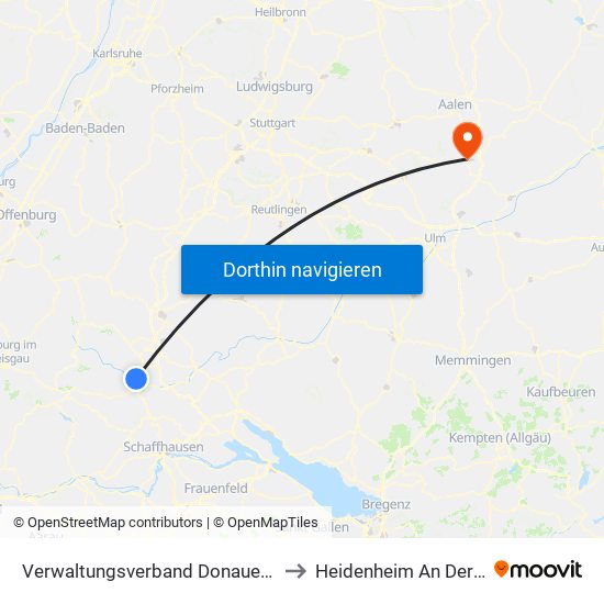 Verwaltungsverband Donaueschingen to Heidenheim An Der Brenz map