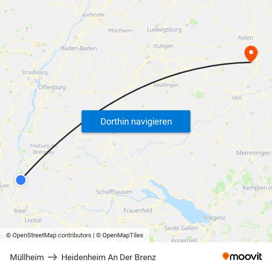 Müllheim to Heidenheim An Der Brenz map