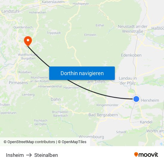 Insheim to Steinalben map