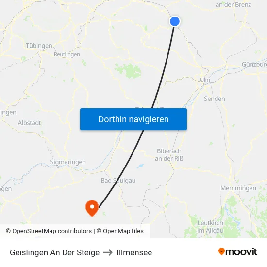 Geislingen An Der Steige to Illmensee map