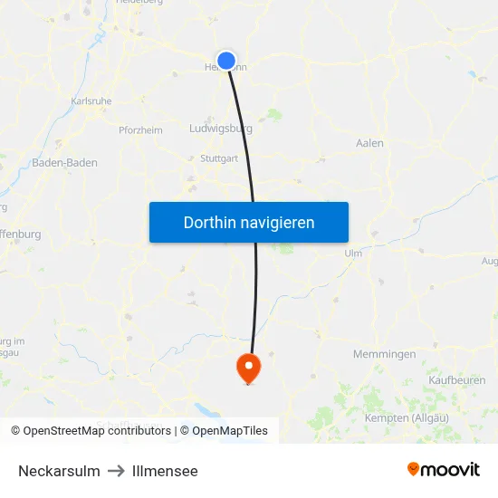 Neckarsulm to Illmensee map