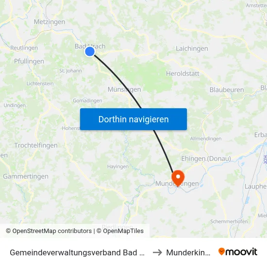 Gemeindeverwaltungsverband Bad Urach to Munderkingen map