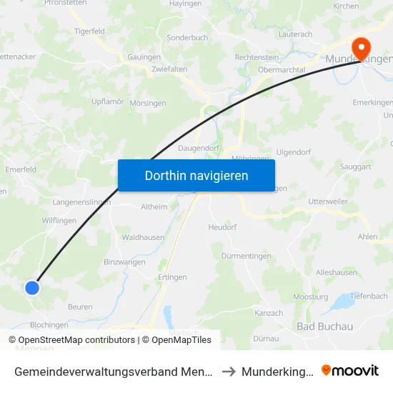 Gemeindeverwaltungsverband Mengen to Munderkingen map