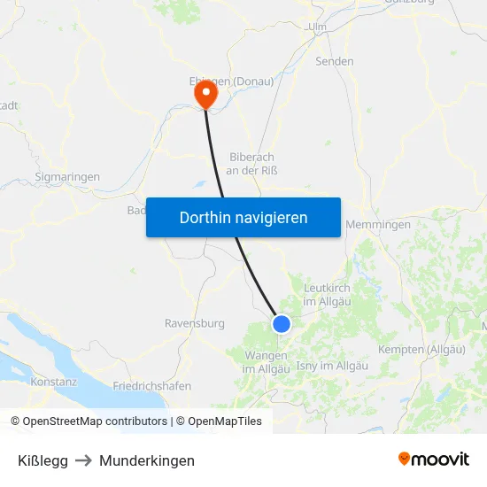 Kißlegg to Munderkingen map