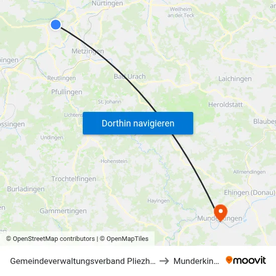 Gemeindeverwaltungsverband Pliezhausen to Munderkingen map