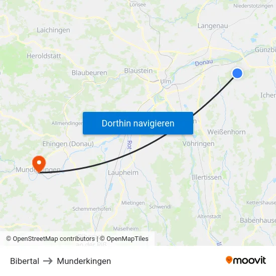Bibertal to Munderkingen map