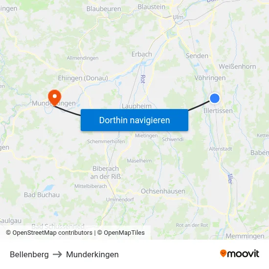 Bellenberg to Munderkingen map