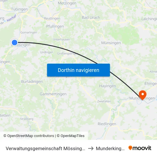 Verwaltungsgemeinschaft Mössingen to Munderkingen map