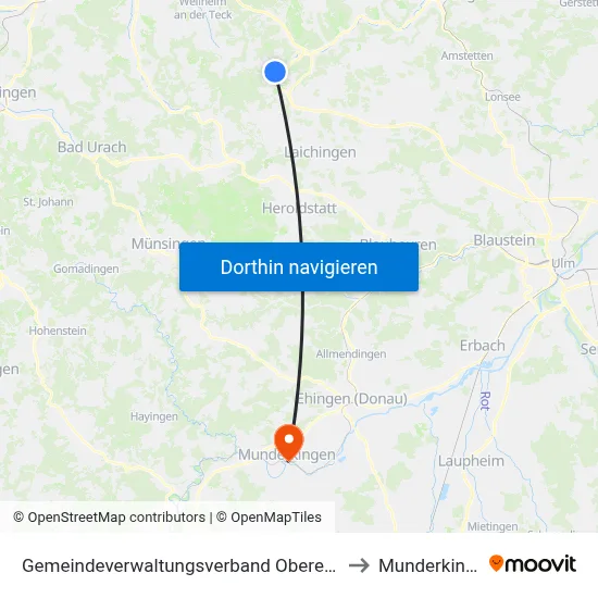Gemeindeverwaltungsverband Oberes Filstal to Munderkingen map