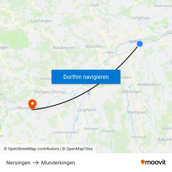 Nersingen to Munderkingen map