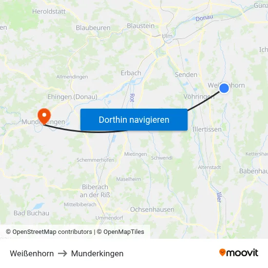 Weißenhorn to Munderkingen map
