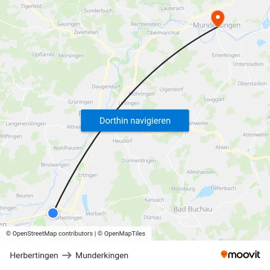 Herbertingen to Munderkingen map