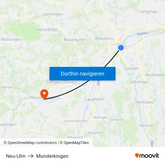 Neu-Ulm to Munderkingen map