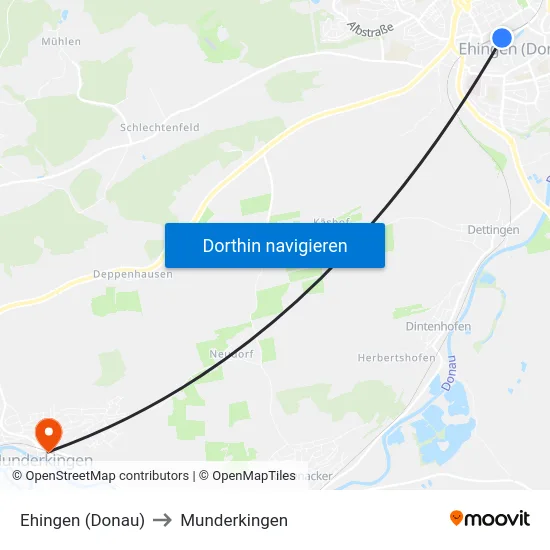 Ehingen (Donau) to Munderkingen map