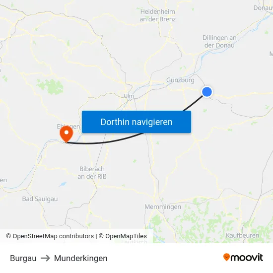 Burgau to Munderkingen map