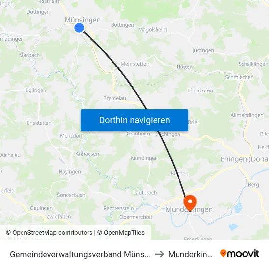 Gemeindeverwaltungsverband Münsingen to Munderkingen map