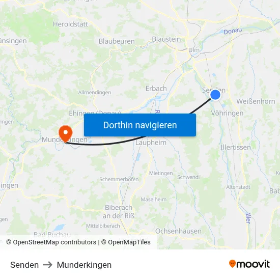 Senden to Munderkingen map