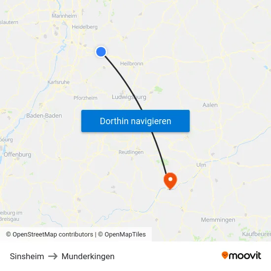 Sinsheim to Munderkingen map