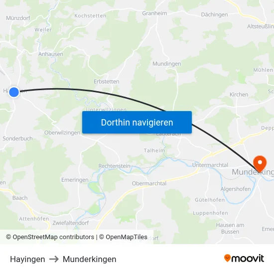 Hayingen to Munderkingen map