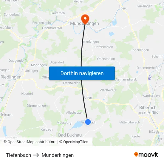 Tiefenbach to Munderkingen map
