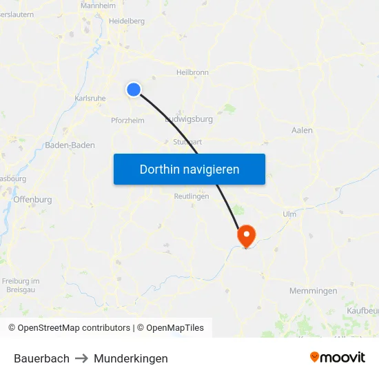 Bauerbach to Munderkingen map