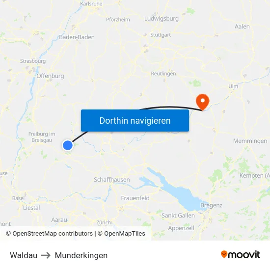 Waldau to Munderkingen map