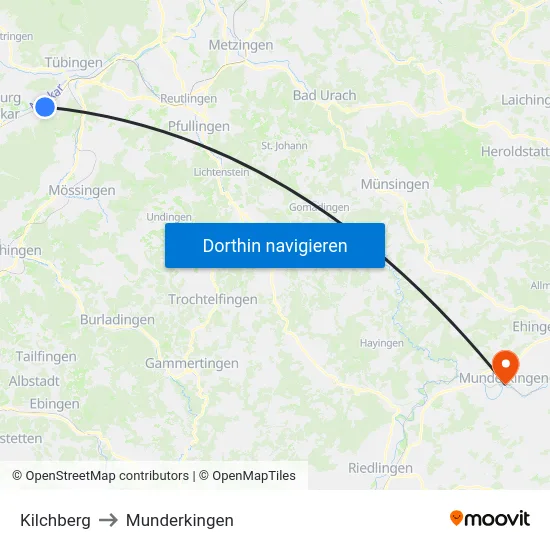 Kilchberg to Munderkingen map