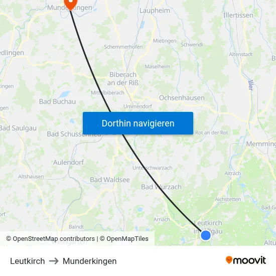 Leutkirch to Munderkingen map