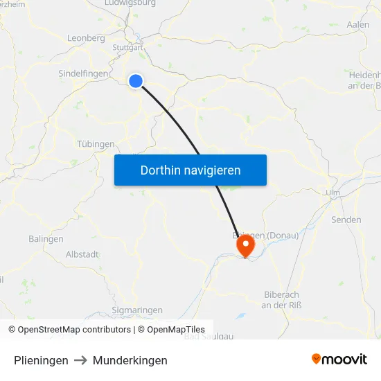 Plieningen to Munderkingen map
