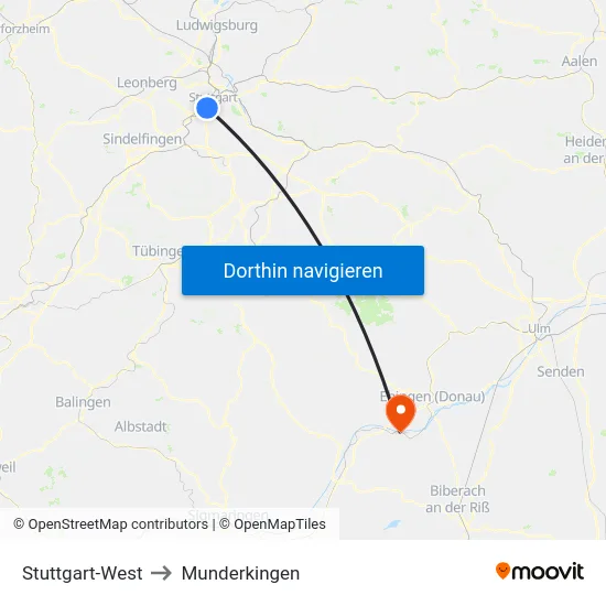 Stuttgart-West to Munderkingen map