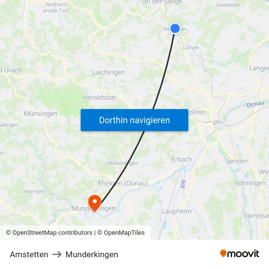 Amstetten to Munderkingen map