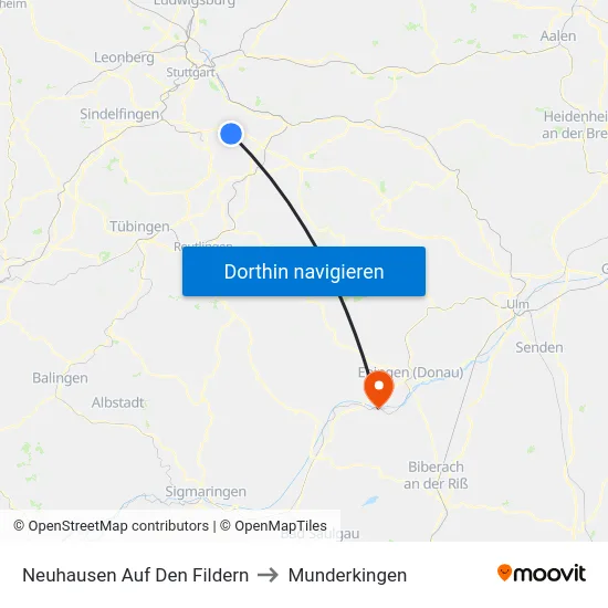 Neuhausen Auf Den Fildern to Munderkingen map