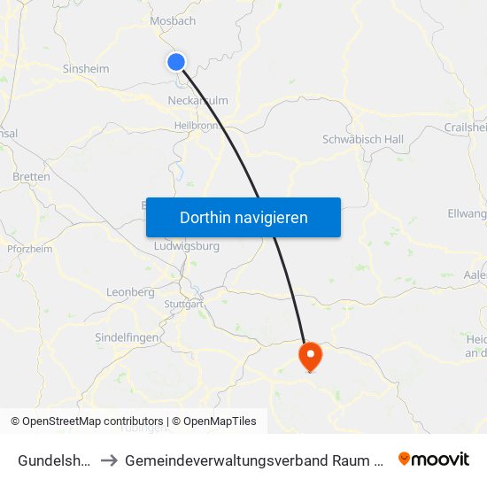Gundelsheim to Gemeindeverwaltungsverband Raum Bad Boll map