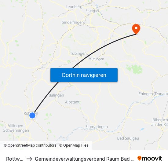 Rottweil to Gemeindeverwaltungsverband Raum Bad Boll map