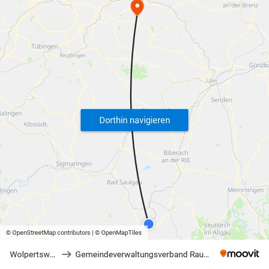 Wolpertswende to Gemeindeverwaltungsverband Raum Bad Boll map