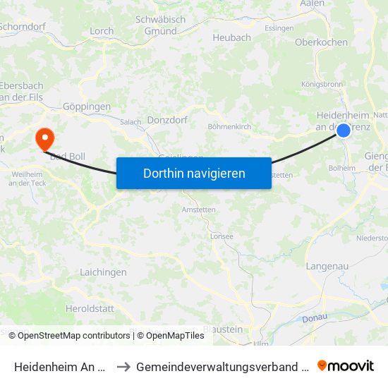 Heidenheim An Der Brenz to Gemeindeverwaltungsverband Raum Bad Boll map