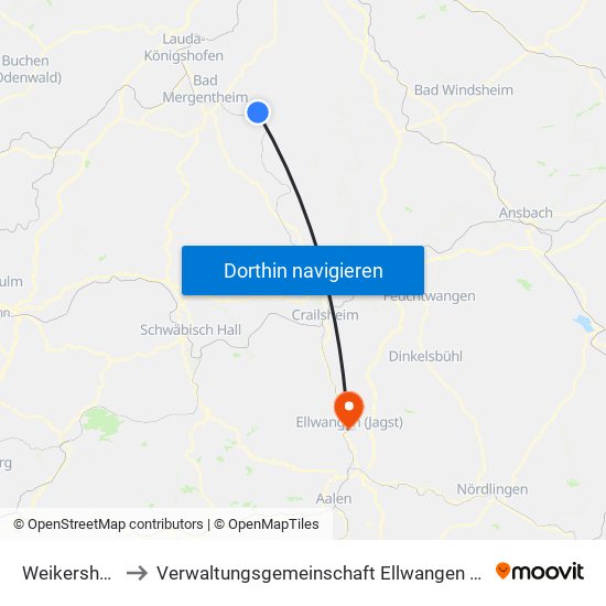 Weikersheim to Verwaltungsgemeinschaft Ellwangen (Jagst) map