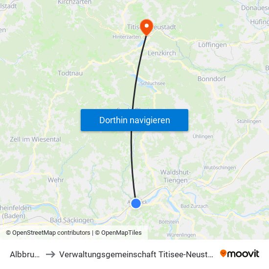 Albbruck to Verwaltungsgemeinschaft Titisee-Neustadt map