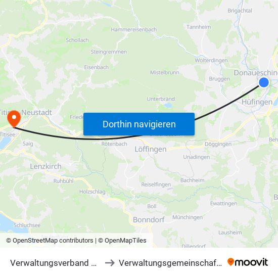 Verwaltungsverband Donaueschingen to Verwaltungsgemeinschaft Titisee-Neustadt map