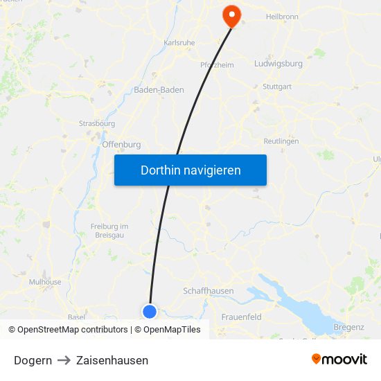 Dogern to Zaisenhausen map