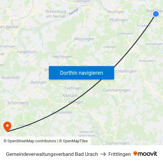 Gemeindeverwaltungsverband Bad Urach to Frittlingen map