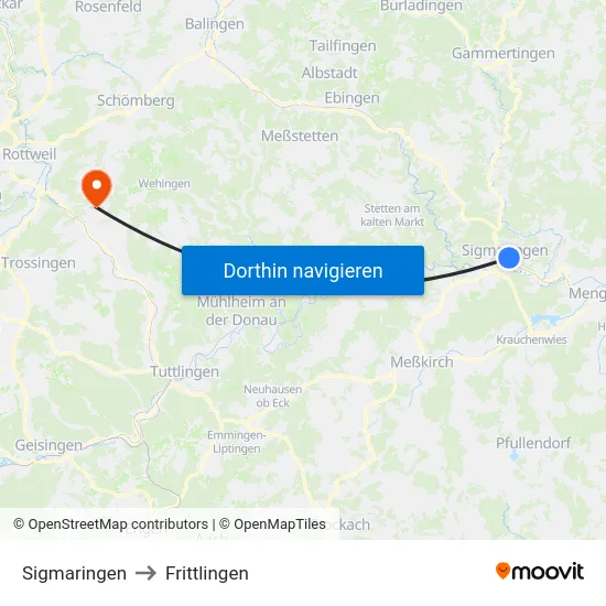 Sigmaringen to Frittlingen map