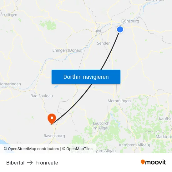 Bibertal to Fronreute map