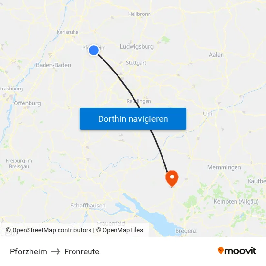 Pforzheim to Fronreute map