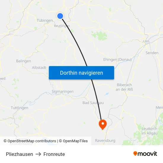 Pliezhausen to Fronreute map