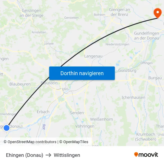 Ehingen (Donau) to Wittislingen map