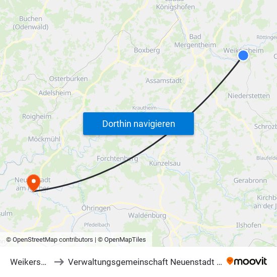 Weikersheim to Verwaltungsgemeinschaft Neuenstadt am Kocher map