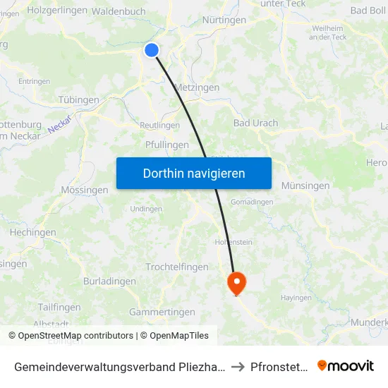 Gemeindeverwaltungsverband Pliezhausen to Pfronstetten map