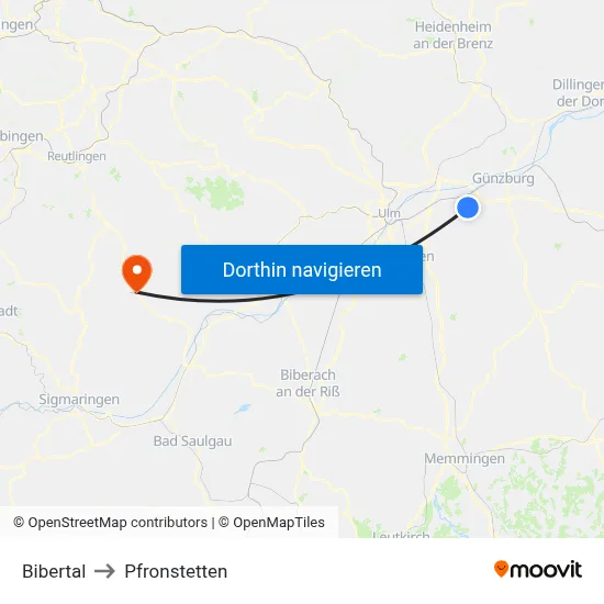 Bibertal to Pfronstetten map