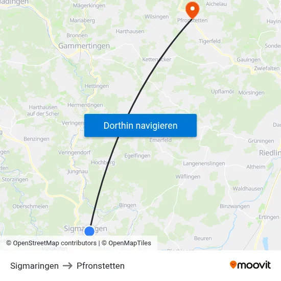 Sigmaringen to Pfronstetten map